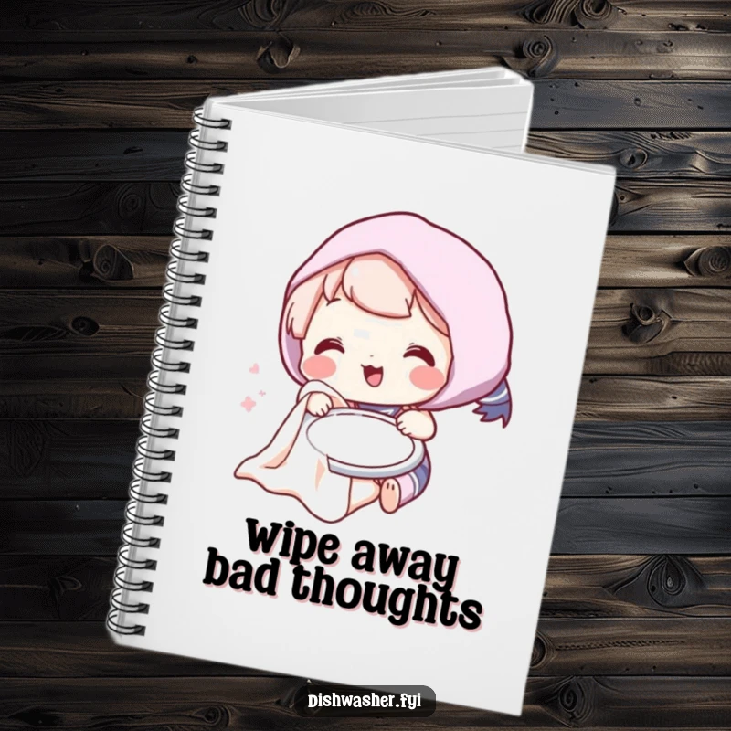 Funny notebook with a cute character humorously drying a plate, perfect for notes, doodles, and a good chuckle.