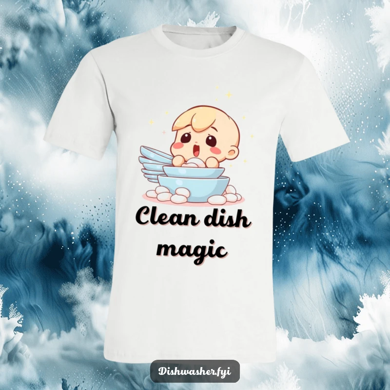 Funny t-shirt showing a surprised character looking in disbelief at a perfectly clean stack of dishes. Celebrate the joy of a spotless sink.