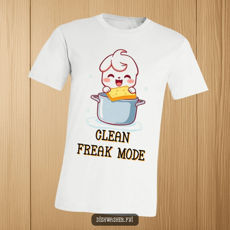 Funny t-shirt with a playful character joyfully scrubbing a pot with a bubbly sponge, celebrating cleanliness with humor.