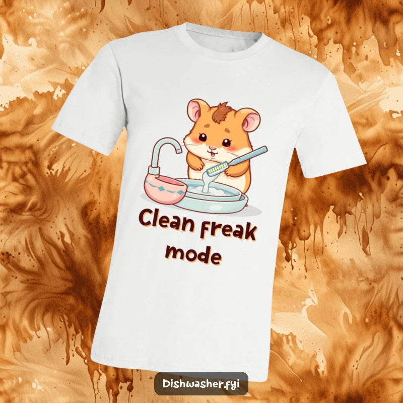 Funny T-shirt illustrating a hamster meticulously washing a dish with an impossibly tiny toothbrush, a humorous take on cleanliness.