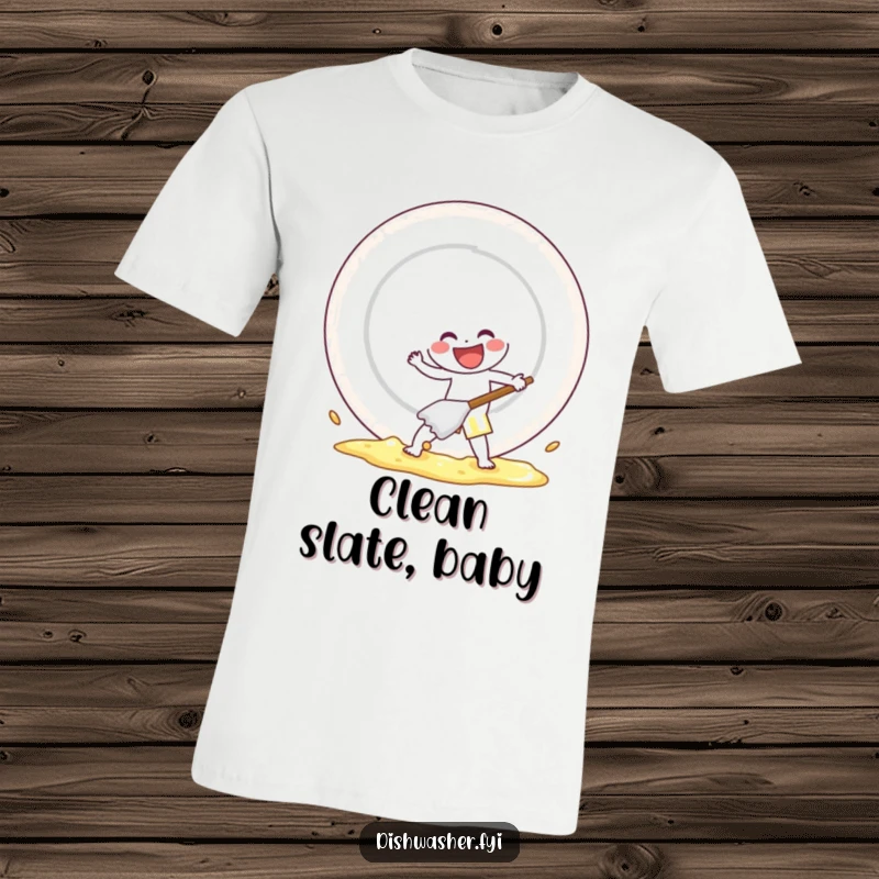 Funny t-shirt of a cheerful character scrubbing a huge plate with intense gusto, symbolizing hard work and humorous determination.
