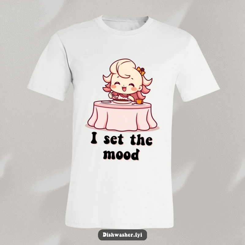 Funny beaming character with a flourish setting a dining table, wearing a stylish t-shirt for event lovers.