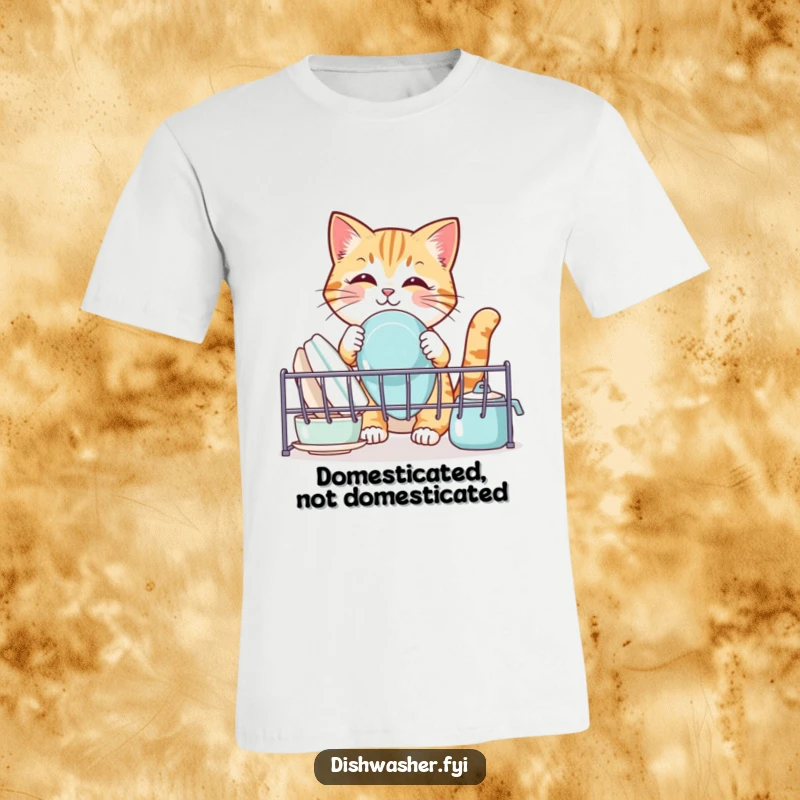 Funny cat t-shirt, depicting a playful cat meticulously organizing clean dishes in a kitchen drying rack, a humorous chore-lover's apparel.