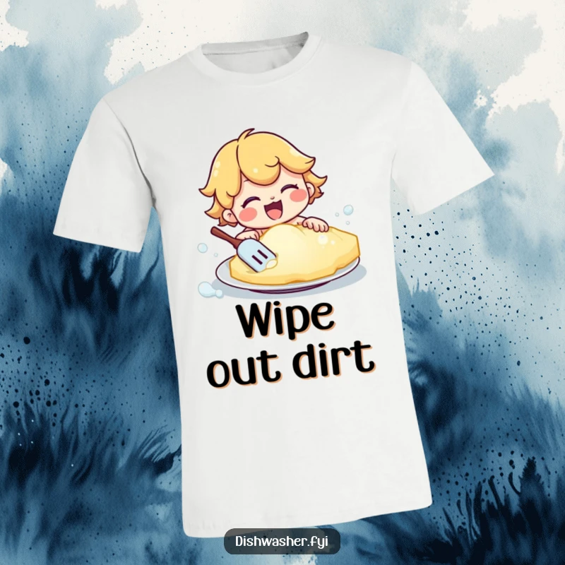 Funny t-shirt showcasing a happy character energetically scrubbing a plate with a giant, foamy sponge. Celebrate the joy of a deep clean.