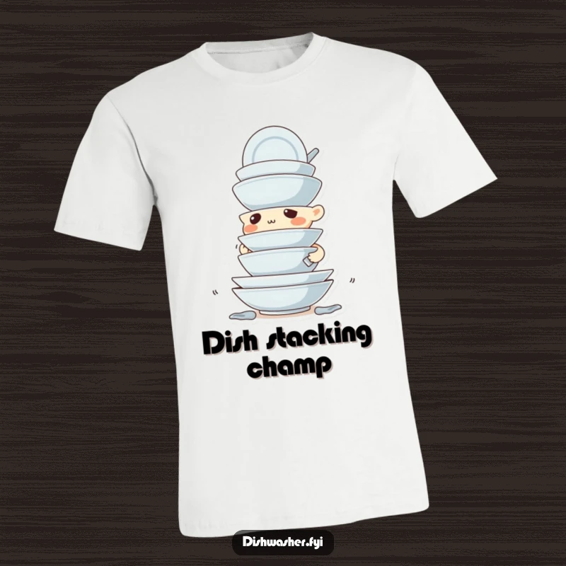 Funny t-shirt showcasing a determined character with a serious expression, stacking dirty dishes with extreme precision and focus.