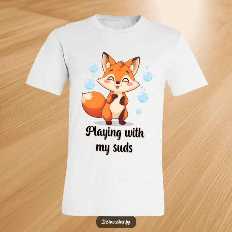 Funny fox t-shirt depicting a mischievous fox character juggling shiny soap bubbles with great glee and playful concentration.