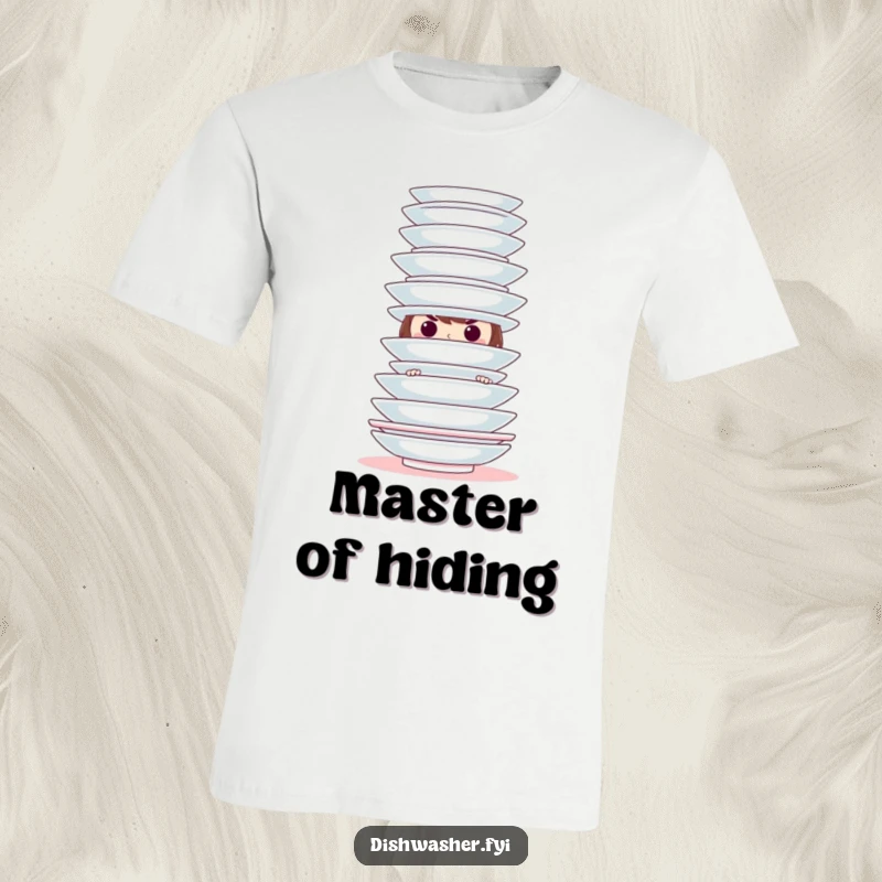 Funny t-shirt of a sneaky character hiding behind a tower of clean dishes, symbolizing playful secrets and hidden intentions.
