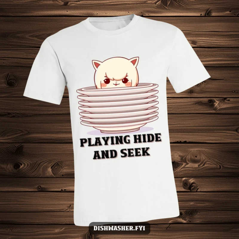 Funny t-shirt featuring a mischievous character hiding behind a stack of clean plates, perfect for expressing a love of secrets and playful hiding.