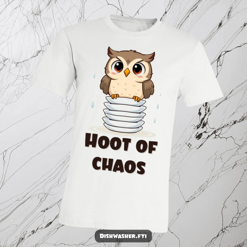Funny T-shirt showing a surprised owl precariously stacking wet plates, illustrating a humorous and challenging balancing act.