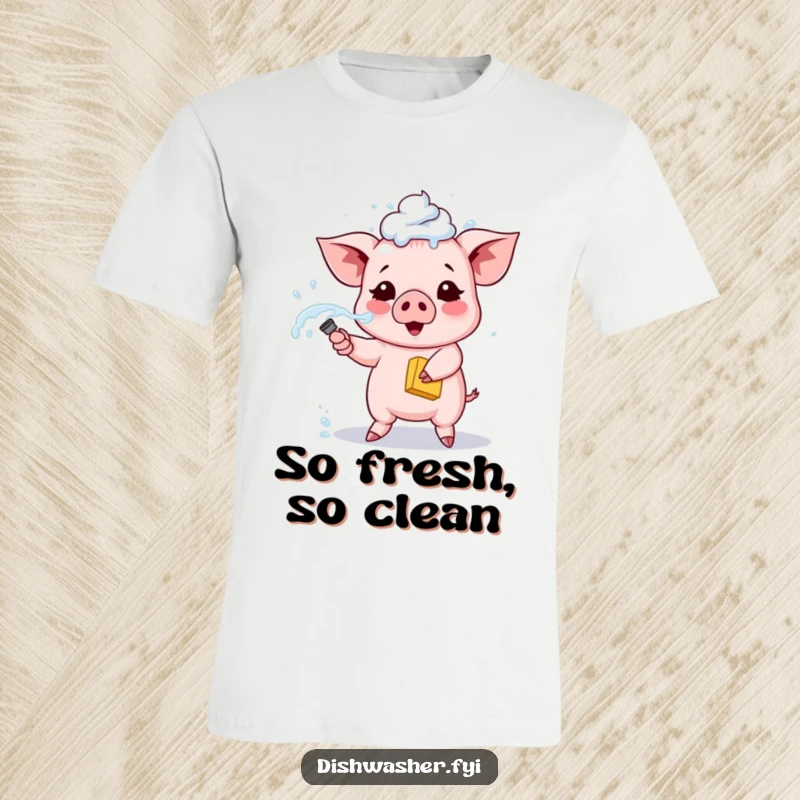 Funny piglet t-shirt, depicting a cute piglet proudly spraying soapy water from a sponge, humorous cleaning-themed apparel.