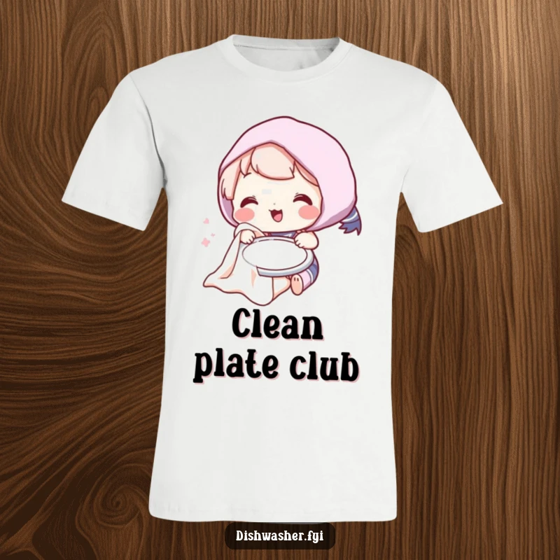 Funny t-shirt depicting a cheerful character humorously drying a plate with an oversized fluffy towel for maximum comedic effect.