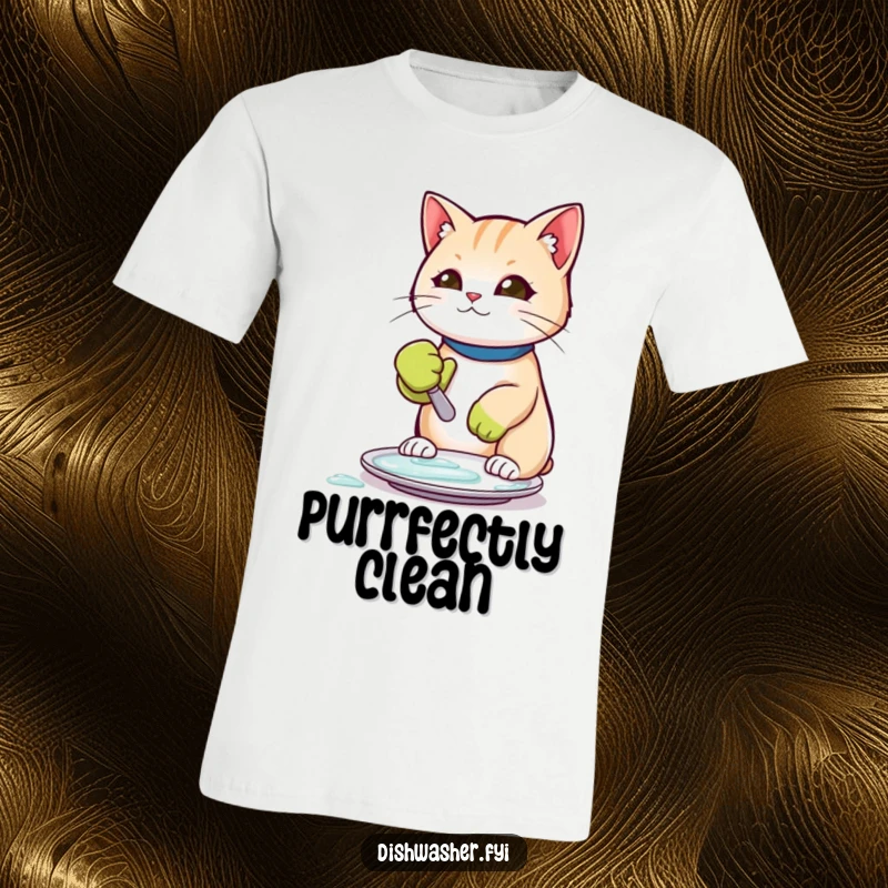 Funny t-shirt with a diligent cat in a rubber glove, scrubbing a plate clean with focused intensity humorously depicted.