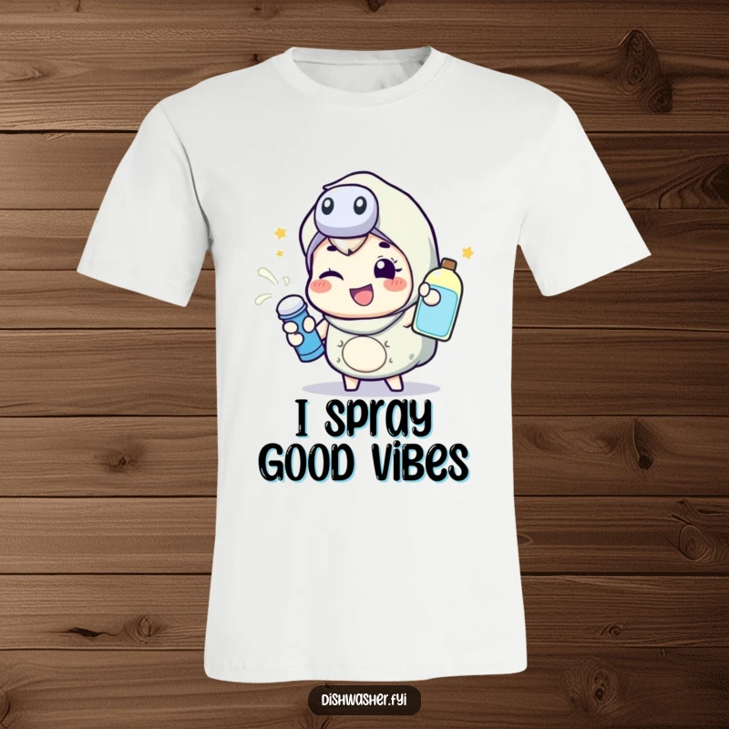 Funny t-shirt featuring a happy character energetically spraying cleaning liquid with a wink, perfect for spreading energetic humor.
