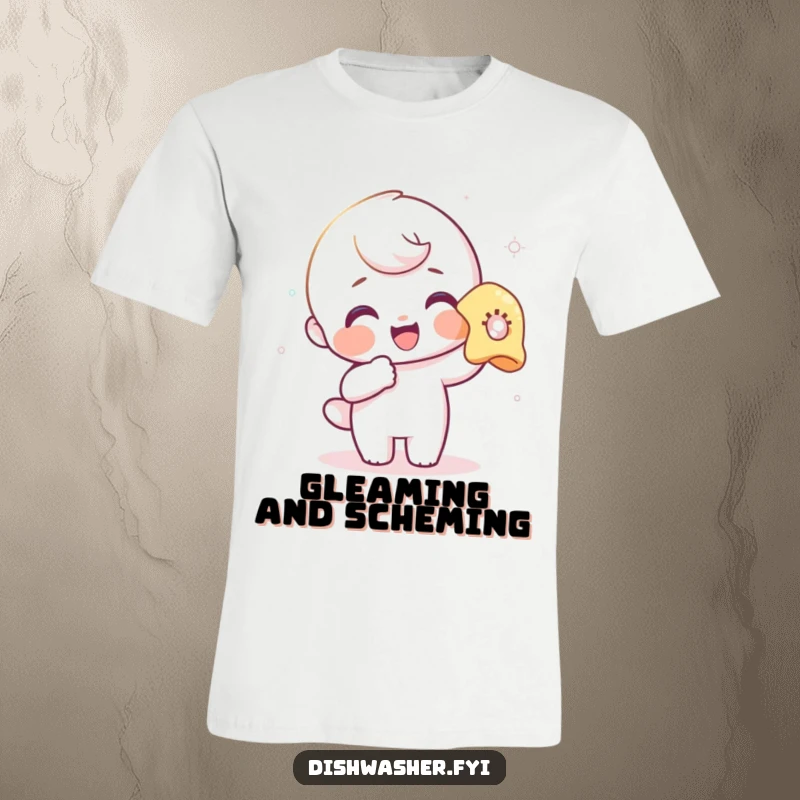 Funny t-shirt featuring a joyful character enthusiastically polishing a clear glass with a soft cloth, radiating satisfaction.