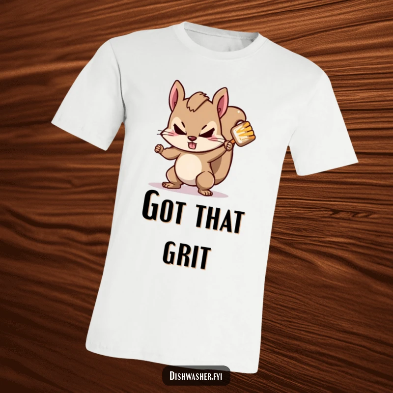 Funny squirrel t-shirt depicting a determined squirrel character scrubbing a tough spot with great gusto and focused energy.