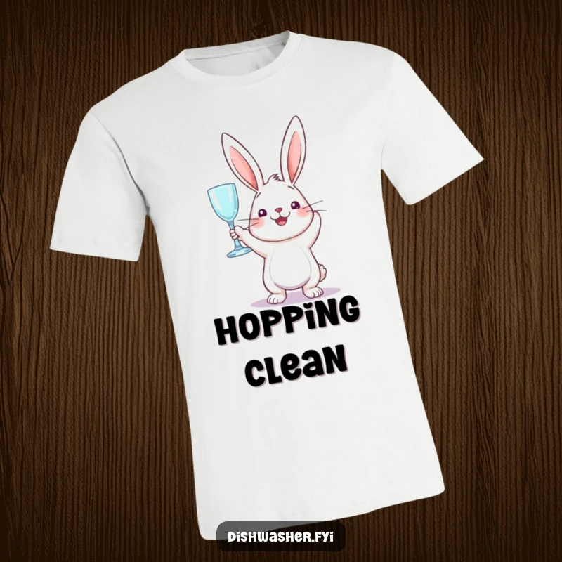 Funny t-shirt with a perky rabbit holding a sparkling clean glass triumphantly, celebrating cleanliness with humor and joy.