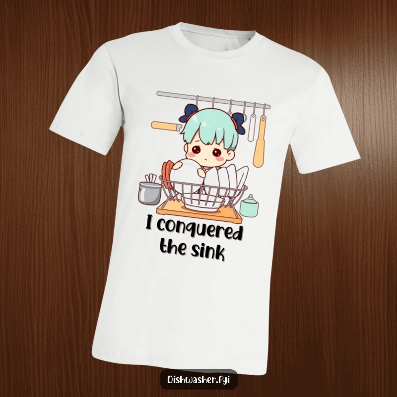 Funny T-shirt: a determined character concentrated on perfectly arranging dishes in a drying rack, a comical depiction of tidiness.