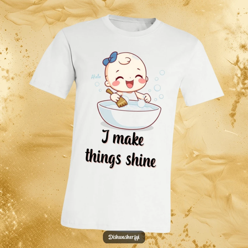 Funny t-shirt featuring a cheerful character gleefully scrubbing a sparkling dish with bubbles, perfect for spreading clean humor.
