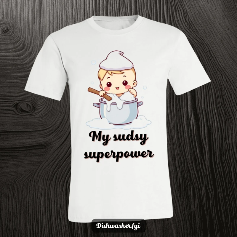 Funny t-shirt depicting a cute character joyfully scrubbing a large pot with abundant bubbly soap, highlighting humorous domesticity.
