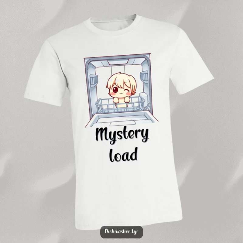 Funny T-Shirt: A character with wide eyes peeking into an empty dishwasher, pondering the mystery of missing plates with humor.