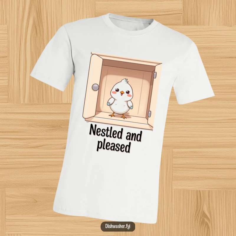 Funny t-shirt featuring a happy bird peeking out from a clean cupboard, conveying a sense of delight and belonging in tidy spaces.