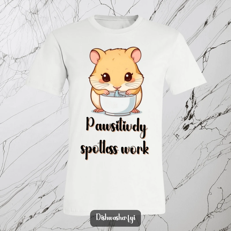 Funny t-shirt with a cute hamster intensely concentrating on drying a small bowl, radiating an aura of meticulous cleanliness and quirky humor.