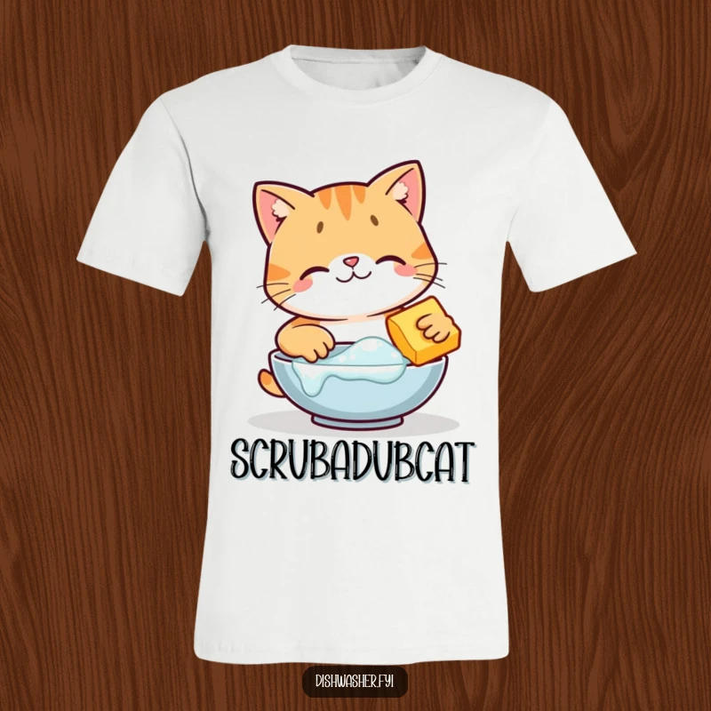 Funny happy cat character scrubbing a dish with bubbles on a t-shirt, depicting a diligent cleaner, ideal funny gift.