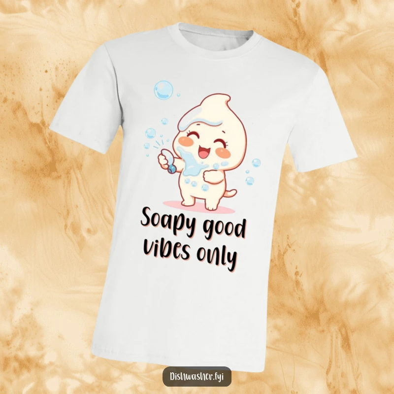Funny T-shirt: a joyful character enthusiastically spraying dish soap bubbles, creating a whimsical and cheerful scene.