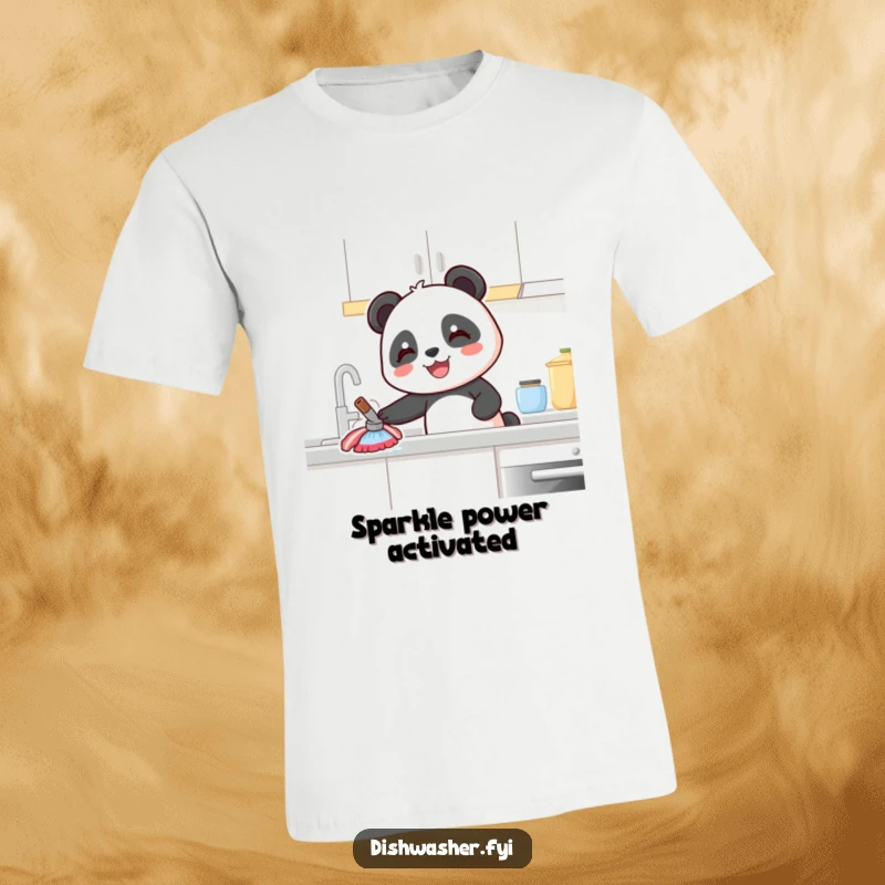 Funny Panda T-Shirt: A happy panda character is depicted wiping a kitchen counter with a wide, cheerful smile, perfect for cleaning lovers.