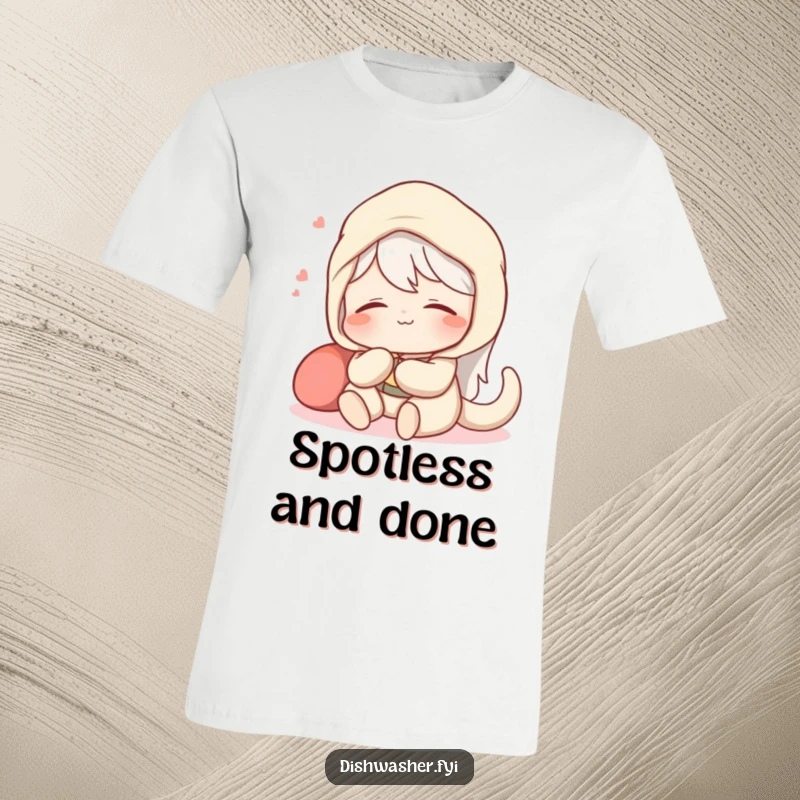 Funny t-shirt displaying a content character deeply relaxed, letting out a satisfied sigh after finishing a perfectly spotless job.