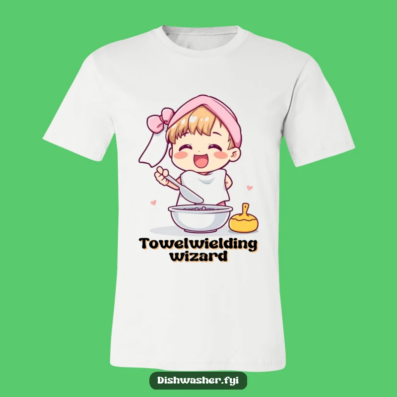 Funny Cheerful Character Drying Dishes T-Shirt: Humorous Homemaker Apparel Gift