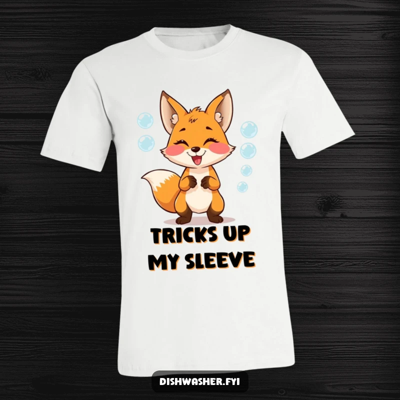 Funny T-Shirt showcasing a mischievous fox character juggling soap bubbles with glee, perfect for those who enjoy whimsical humor and playful characters.
