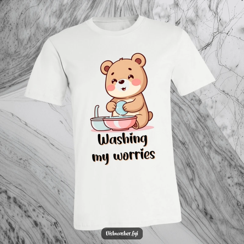 Funny bear t-shirt depicting a happy bear washing dishes with abundant, cheerful soap bubbles, celebrating cleanliness with humor.