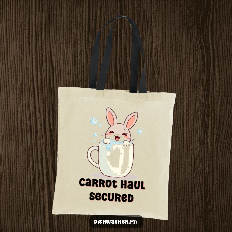 Funny tote bag with a joyful rabbit scrubbing bubbles off a mug, perfect for shopping and carrying items with a neat, humorous vibe.