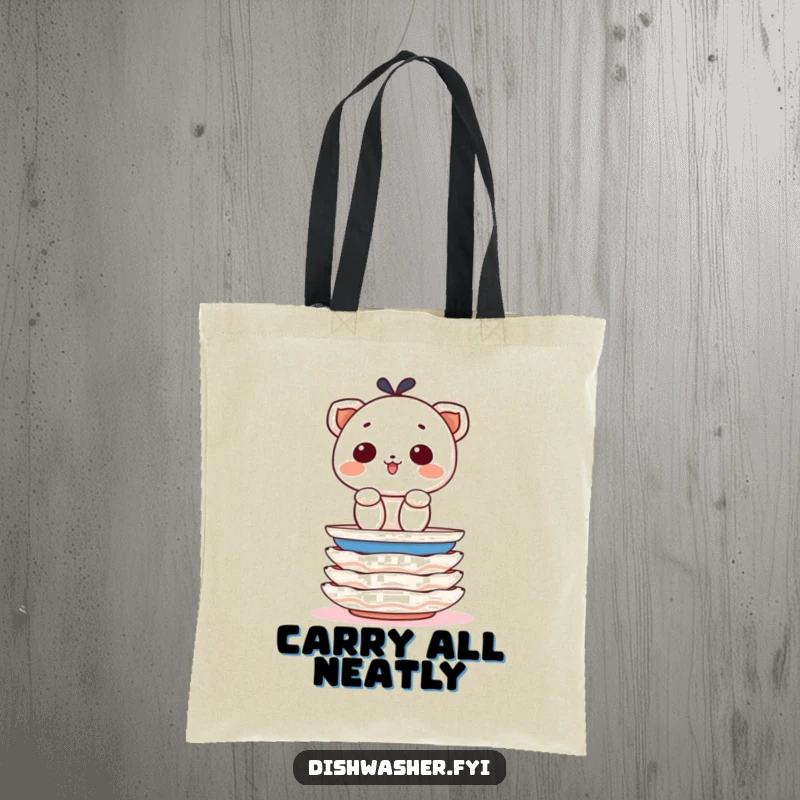 Funny tote bag showcasing a determined character stacking clean plates with cheerful precision, perfect for carrying items neatly.