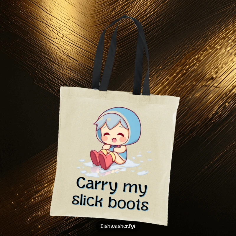 Funny tote bag with a playful character sliding across a wet floor in rubber boots, symbolizing carefree fun.