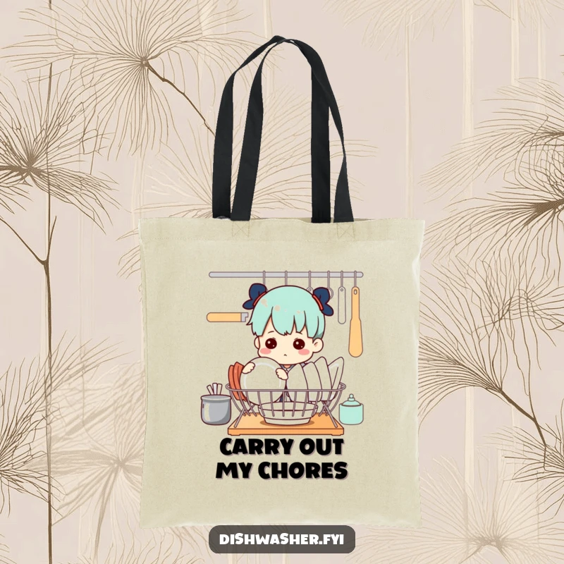 Funny tote bag displaying a determined character meticulously organizing dishes in a drying rack, highlighting their orderly nature.