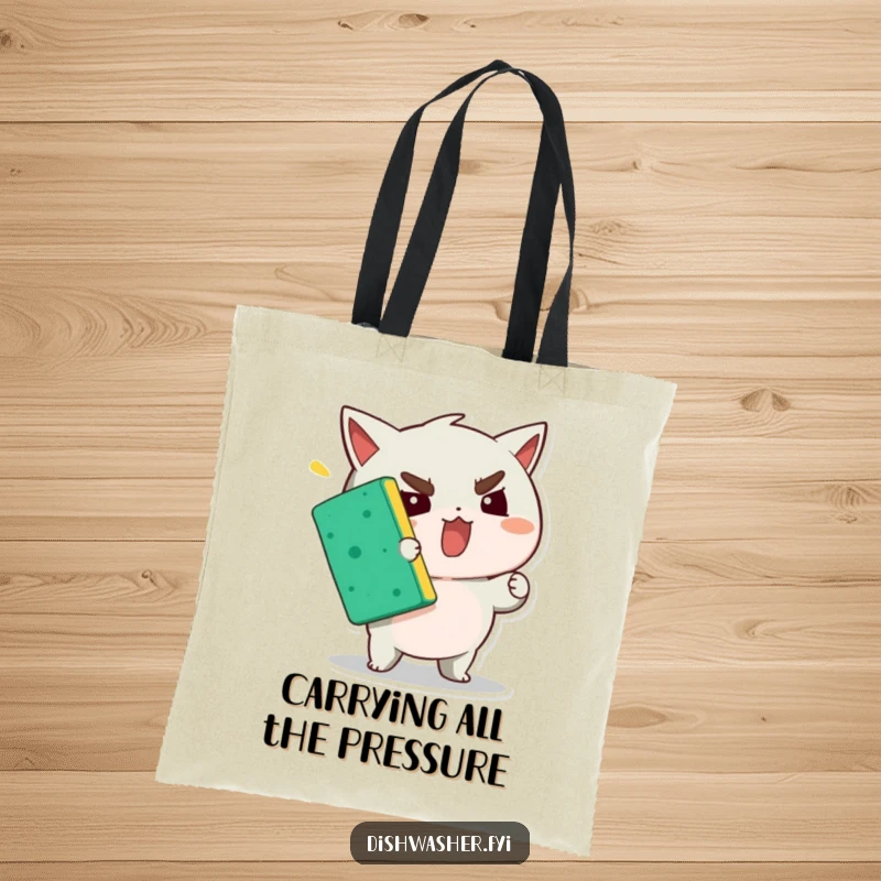 Funny tote bag showing a character exerting maximum effort to squeeze a sponge, representing intense focus and humor.