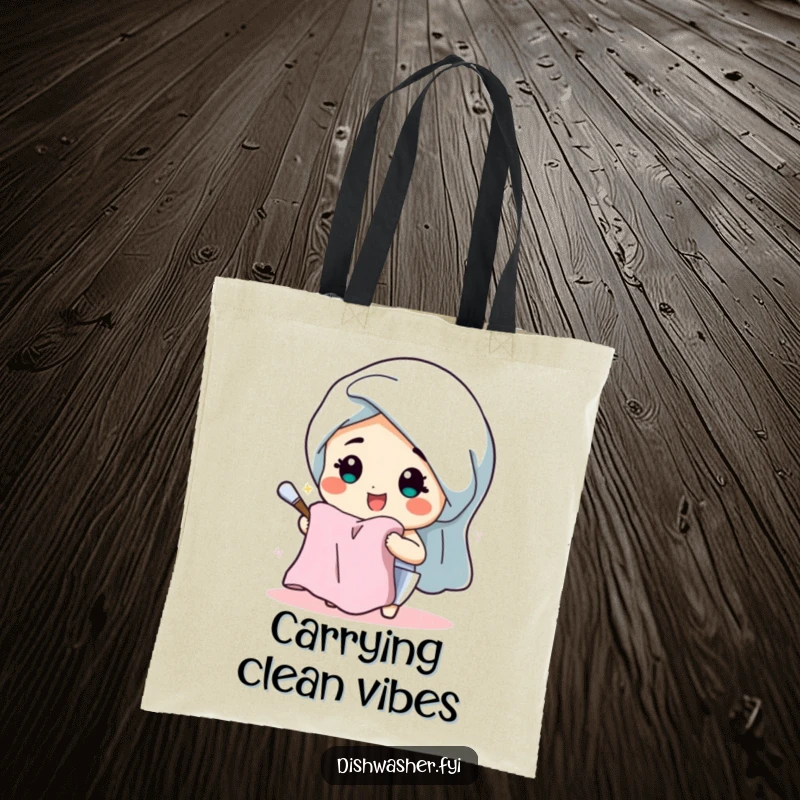 Funny tote bag featuring a beaming character happily drying dishes with a fluffy towel, perfect for carrying groceries with a smile.
