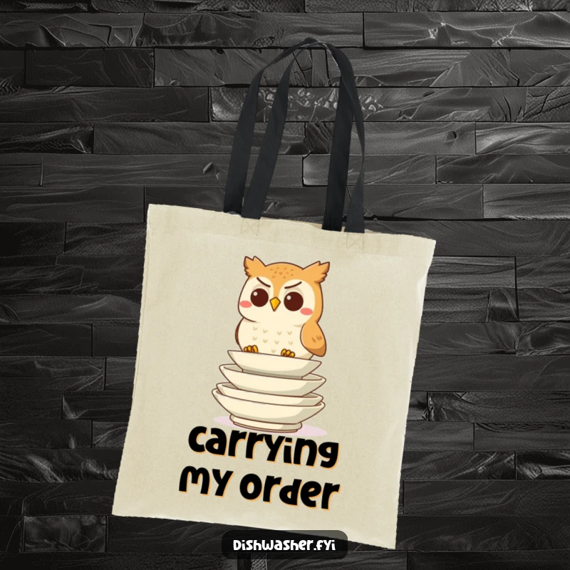 Funny determined owl character stacking clean plates on a durable tote bag, showcasing organized charm, perfect funny gift.