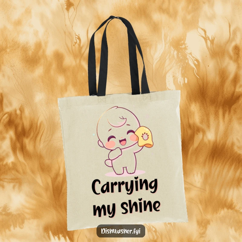 Funny tote bag with a delighted character gleefully polishing a glass, perfect for carrying essentials with a humorous touch.