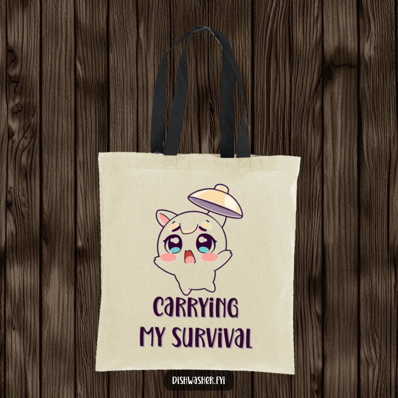 Funny character with wide eyes dodging a flying dish on a durable tote bag, a humorous accessory for the cautious.