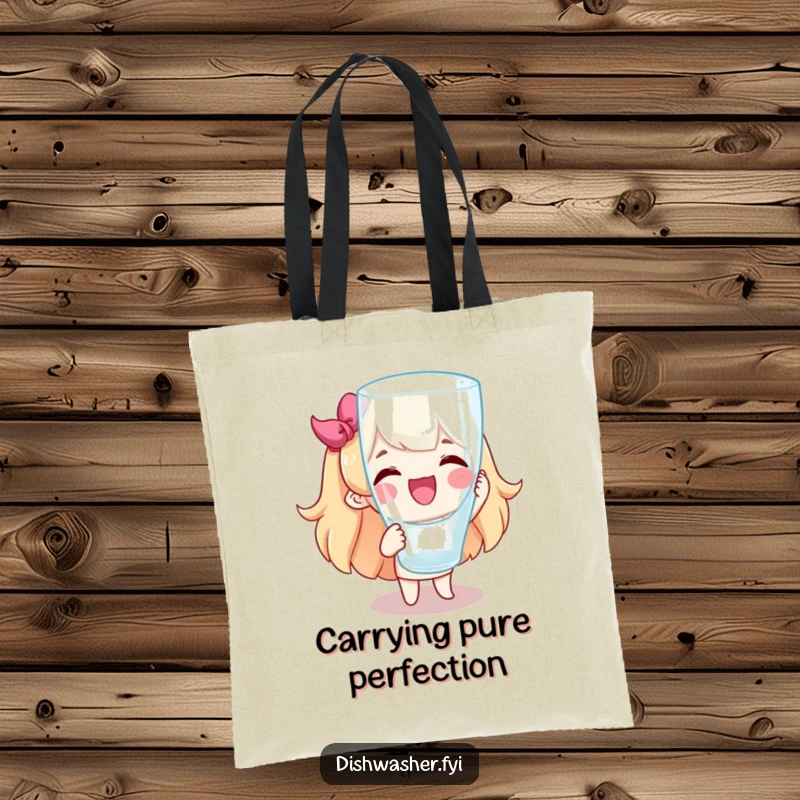 Funny tote bag with a cheerful character presenting a perfectly clear, spotless glass. A functional and humorous accessory.