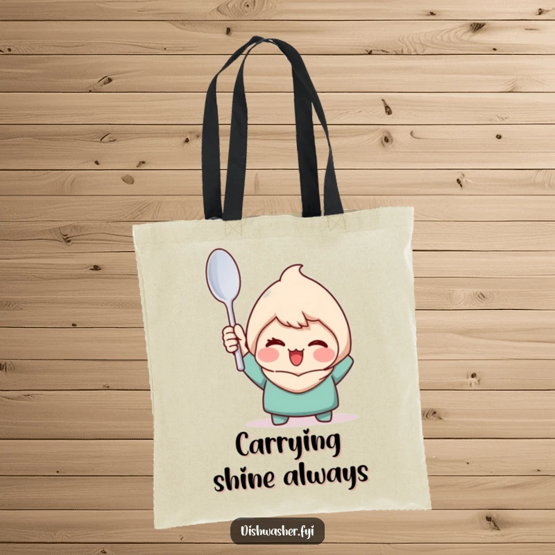 Funny tote bag with a character triumphantly holding a perfectly clean spoon with a wink, perfect for carrying essentials with pride.