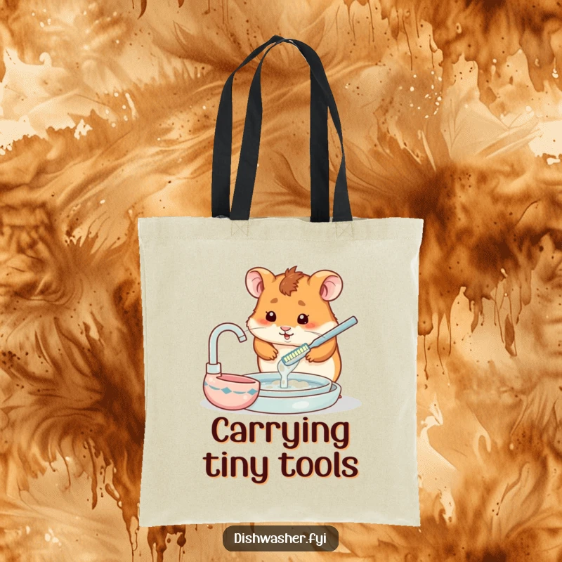 Funny tote bag showcasing a hamster with a tiny toothbrush attempting to wash dishes, a perfect blend of cute and comical.