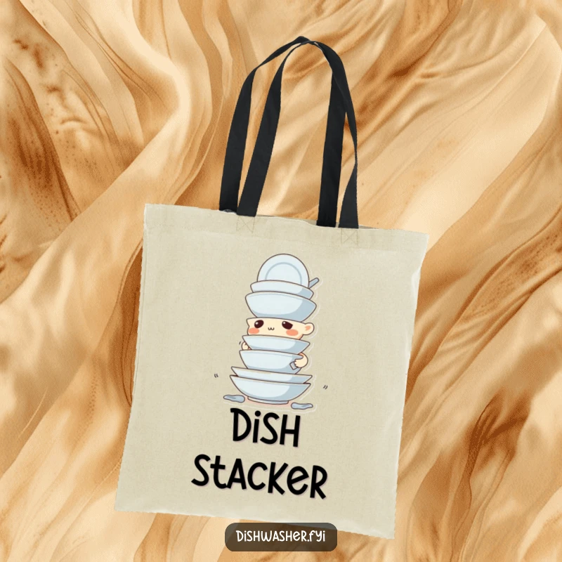 Funny tote bag depicting a determined character expertly stacking dirty dishes with impressive precision, perfect for daily use.