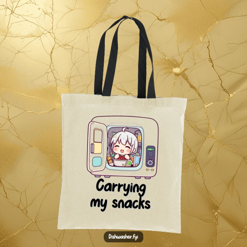 Funny tote bag featuring a character enthusiastically loading items into a compact appliance, designed for tech lovers and organizers.