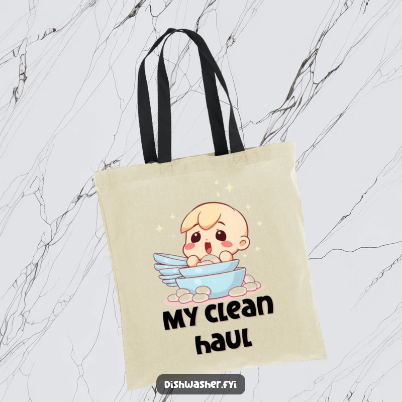 Funny tote bag showcasing a surprised character looking at a sparkling clean pile of dishes. Perfect for errands or daily use with a humorous touch.