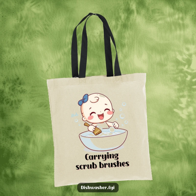 Funny tote bag featuring a cheerful character gleefully scrubbing a sparkling dish with bubbles, perfect for carrying items with a clean flair.