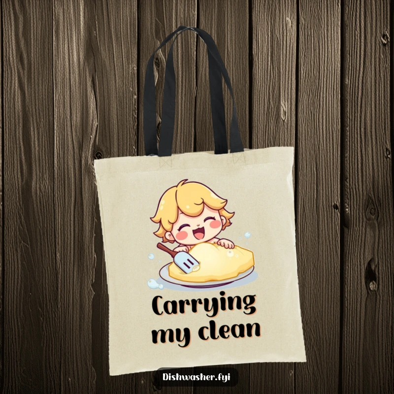 Funny tote bag featuring a happy character scrubbing a plate with a giant, bubbly sponge. Perfect for carrying cleaning supplies or groceries with humor.